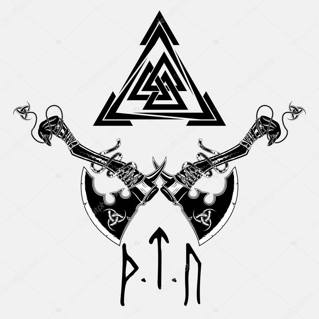 Vector image of two fighting axes and sacred symbol of Vikings. Triskele. Illustration of Scandinavian myths. Odin sign. Runes: victory, fight, power. Celtic sacral symbol. Vector illustration.