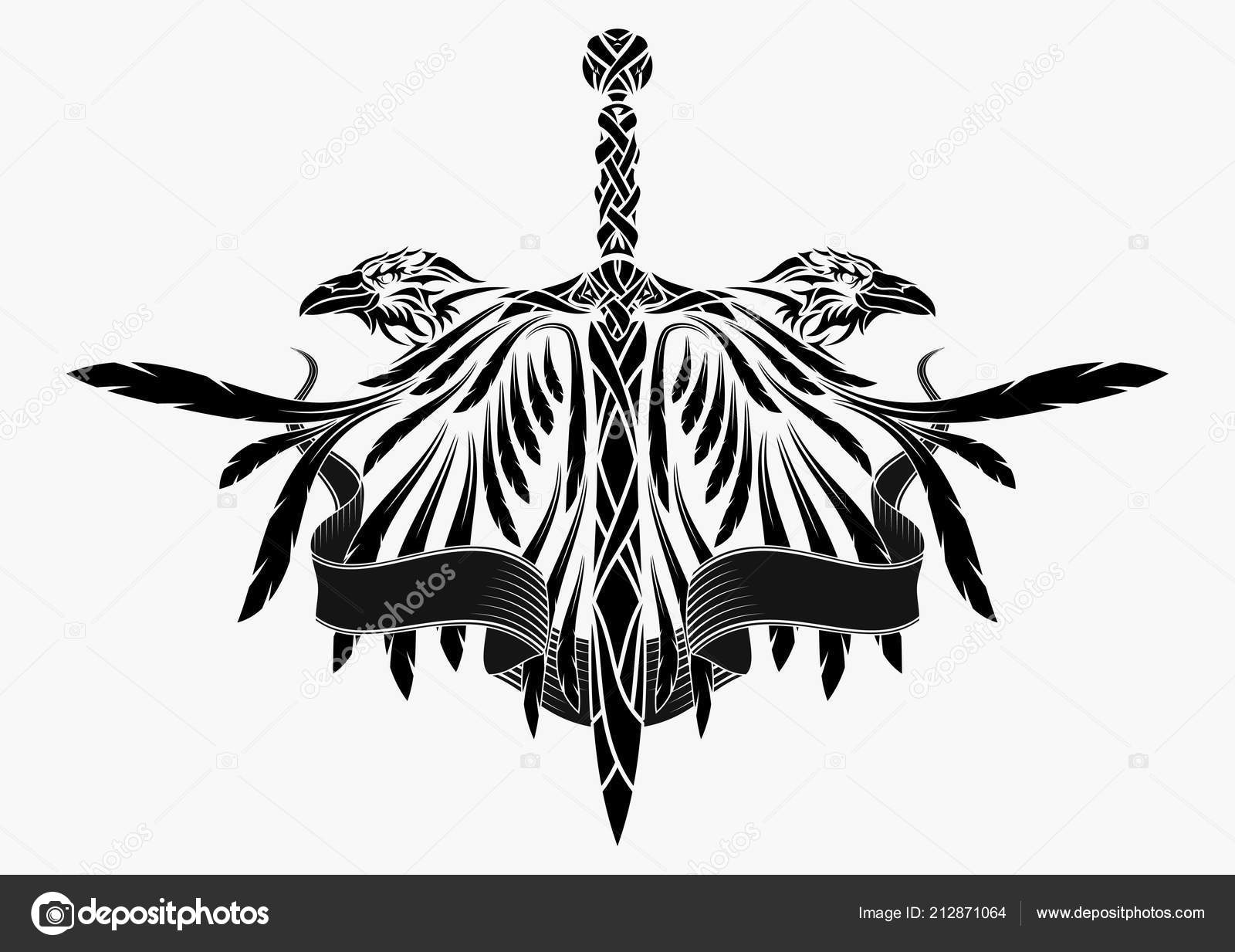 Vector Drawing European Myths Two Black Dragons Sword Fairy King