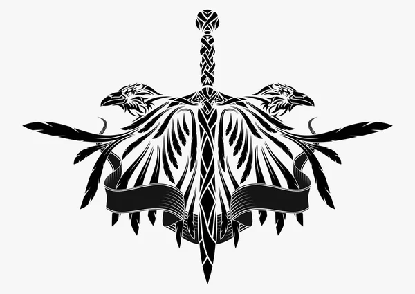 Dibujo Vectorial Cuervo Con Las Alas Abiertas Espada Los Vikingos — Archivo Imágenes Vectoriales