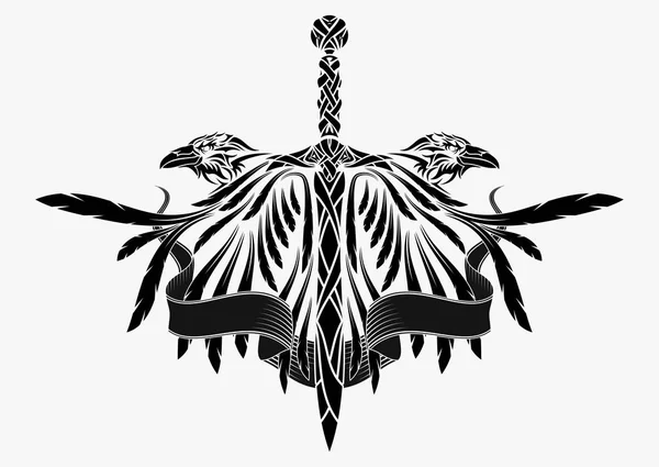 Bir kuzgun açılan kanatlı çizim vektör. Viking's kılıç. Sakral Kelt sembolü. Norman kültür. Siyah tribal dövme. Vektör çizim.