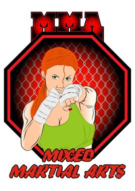 Karışık dövüş sanatları savaşçı kız çizim vektör. MMA. Sekizgen. Bir kafes şampiyonu. Vektör rengi çizim.