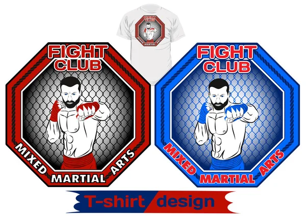Vector drawing of the fighter of mixed martial arts. MMA. Octagon. Fight club. Champion of battle. Illustrations for t-shirt print, textiles, prints, other uses. Cool grunge print. Vector color illustration.