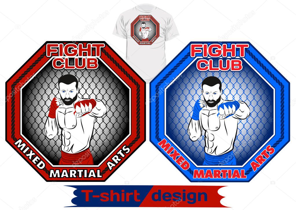 Vector drawing of the fighter of mixed martial arts. MMA. Octagon. Fight club. Champion of battle. Illustrations for t-shirt print, textiles, prints, other uses. Cool grunge print. Vector color illustration.