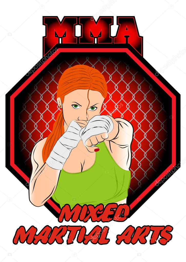 Vector drawing of the girl of the fighter of mixed martial arts. MMA. Octagon. Champion of a cage. Vector color illustration.