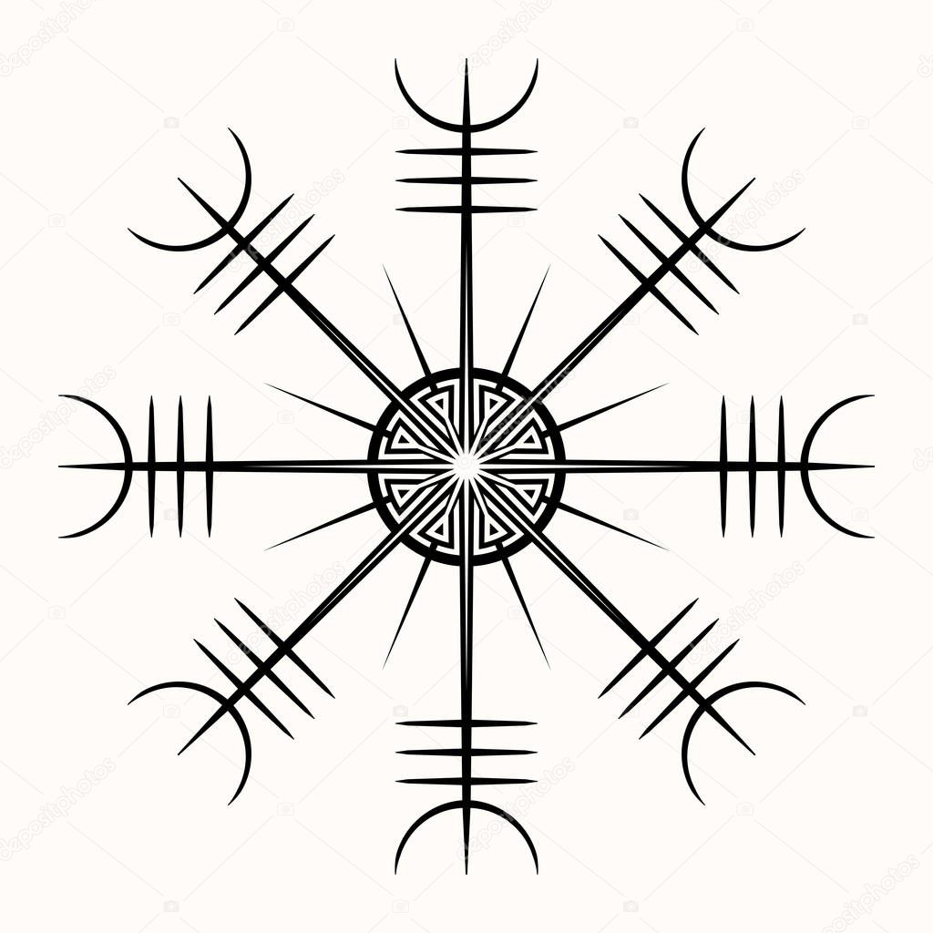 Sacred geometry. Horror helmet. Magic runic symbols that appeared in the early Middle Ages in Iceland. Is a few, or multiple, intertwined runes. Runic Talisman. Vector illustration.