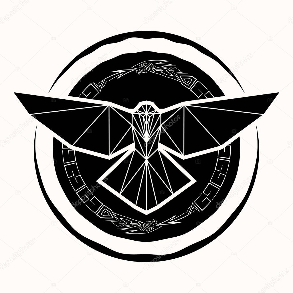 Vector drawing of a raven with open wings against the background of the dragons biting a tail. Sacred sign of Vikings. Sacred geometry. Sacral symbol. Fantastic monster. Totem. Norman culture. Vector illustration.