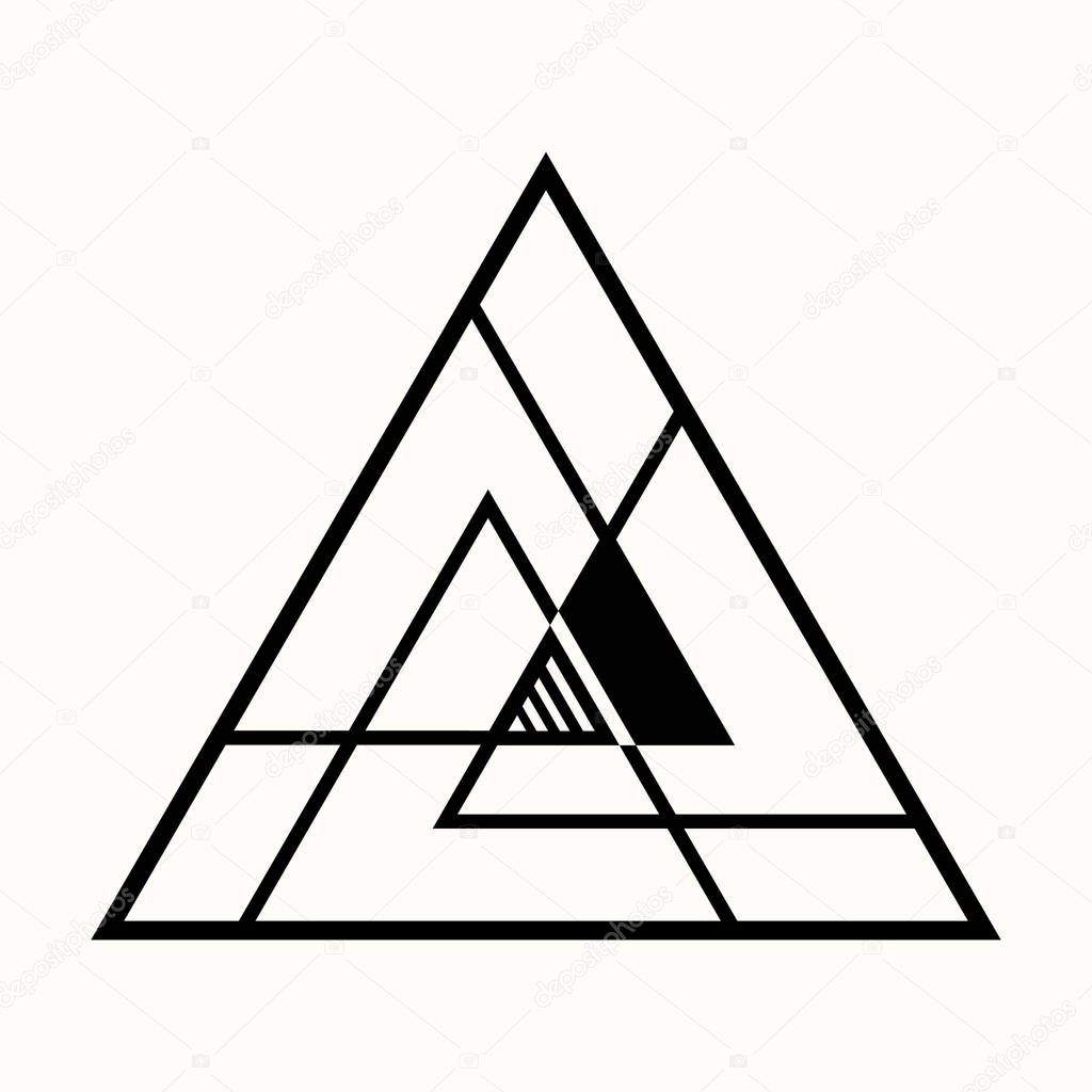 Sacred geometry. The crossed linear triangles. Secret symbol of geometry. Triangular symbol. Maya pyramid. Mountains of Inca. Alchemy, religion, astrology, spirituality. Vector illustration.