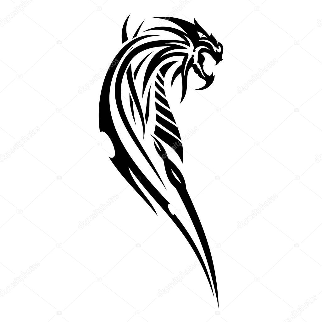 Vector image of a black dragon. Symbol of wisdom and force. Spirit of Celts. Black tribal tattoo. Vector illustration.