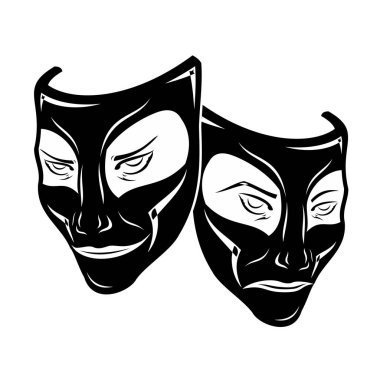 Tiyatro maskeleri orijinal vektör çizim. Komedi ve trajedi, vintage tarzı. Tür ve evil joker. Neşeli ve üzgün bir aktör. Tasarım için çizim. Siyah dövme. Vektör çizim.