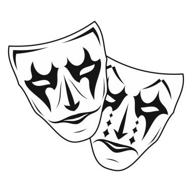 Tiyatro maskeleri orijinal vektör çizim. Komedi ve trajedi, vintage tarzı. Tür ve evil joker. Neşeli ve üzgün bir aktör. Tasarım için çizim. Siyah dövme. Vektör çizim.