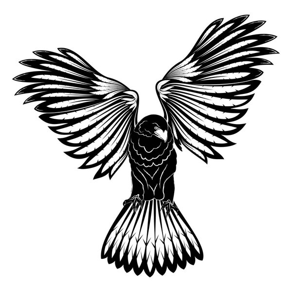 The vector image of an eagle with open wings. Black falcon. Heraldic hawk. Bird of prey. Black tribal animals tattoo. Vector illustration.