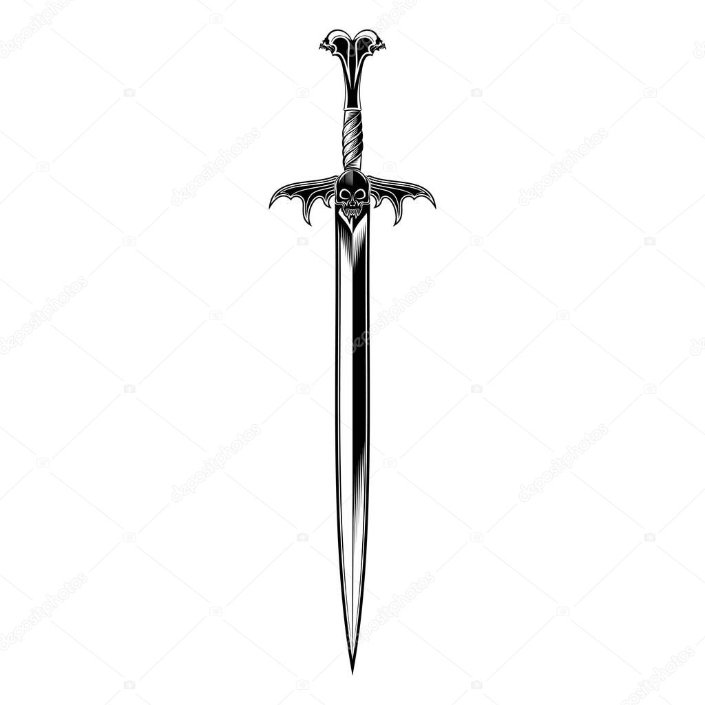 Vector image of a fantasy sword.  Knight dragon's blade. Weapon of the monster. The drawing for design. Black tattoo. Vector illustration.