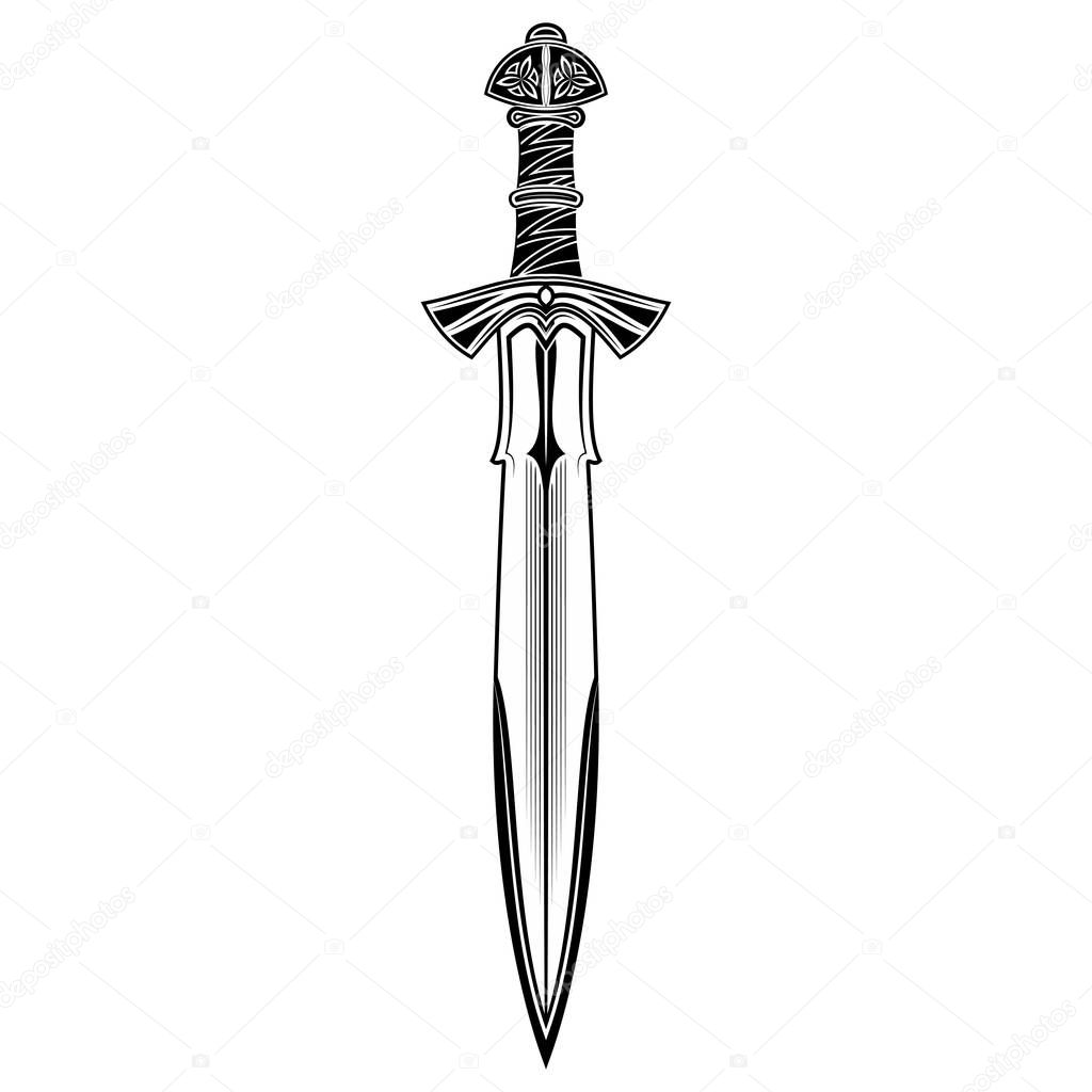 Vector image of a fantasy sword. Viking's blade. Sacred weapon of Normans. The drawing for design. Black tattoo. Vector illustration.