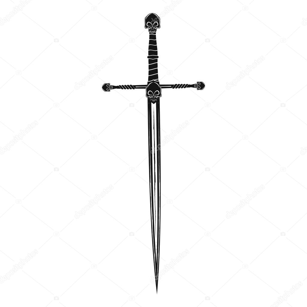 Vector image of a fantasy sword.  Knight dragon's blade. Weapon of the medieval fantastic king. The drawing for design. Black tattoo. Vector illustration.