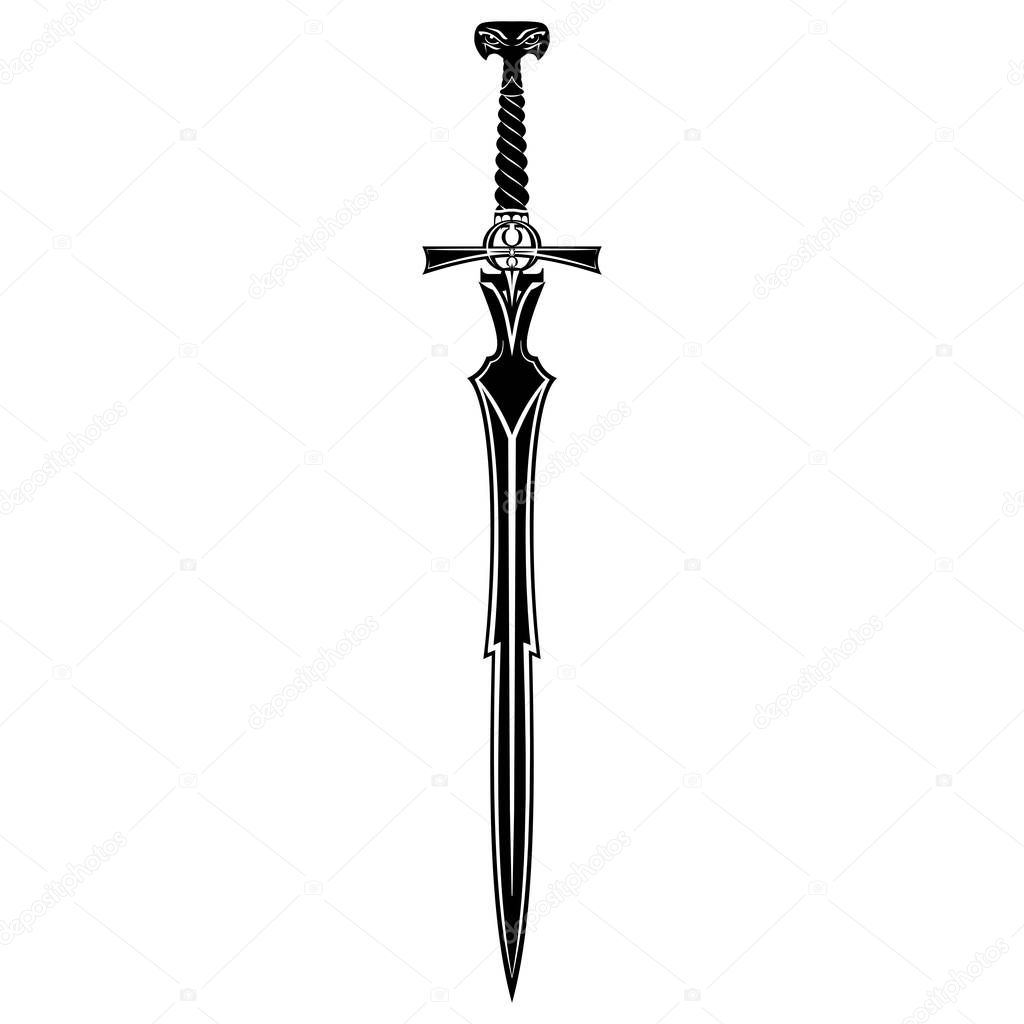 Vector image of a magic sword. Knight dragon's blade. Weapon of the medieval fantastic king. The drawing for design. Black tattoo. Vector illustration.