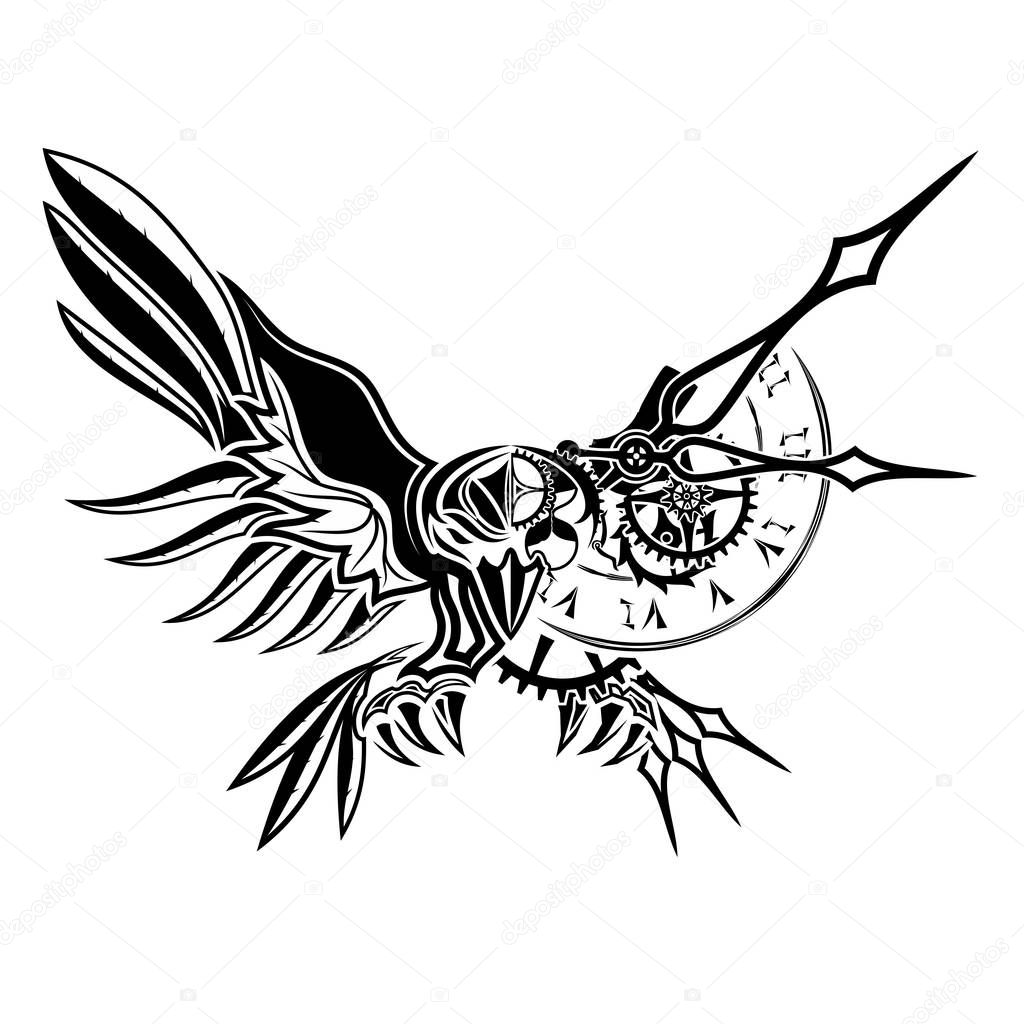 The vector image of a raven with open wings. Clockwork. Infinity symbol. Live and mechanical. Sacral symbol of a secret, wisdom and time. Black tribal animals tattoo. Vector illustration.