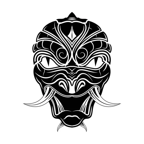 Bir maske samuray vektör görüntüsü. Bir yılan başı. Geleneksel Japon maske bir ejderha çizim. İblis Samuray. Japon iblis. Siyah tribal dövme. Vektör çizim.