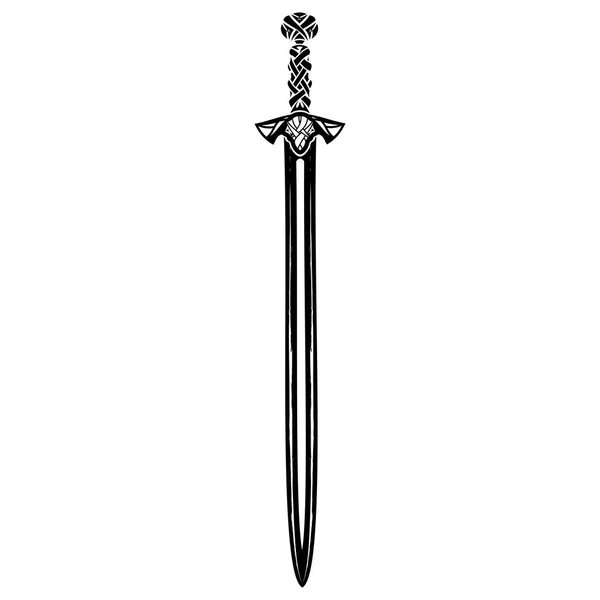 ファンタジー剣のベクター画像 バイキングの長い刃は ノルマン人の神聖な武器 設計のための図面 黒のタトゥー ベクトル図 — ストックベクタ