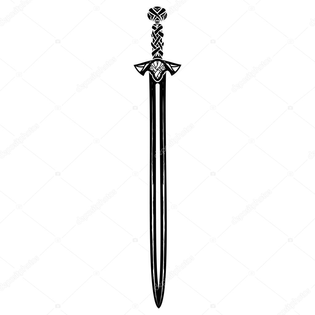 Vector image of a fantasy sword. Long blade of the Viking. Sacred weapon of Normans. The drawing for design. Black tattoo. Vector illustration.