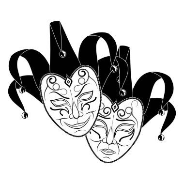 Tiyatro maskeleri beyaz bir arka plan üzerinde orijinal vektör çizim. Komedi ve trajedi, vintage tarzı. Tür ve evil joker. Neşeli ve üzgün bir aktör. Tasarım için çizim. Vektör çizim.