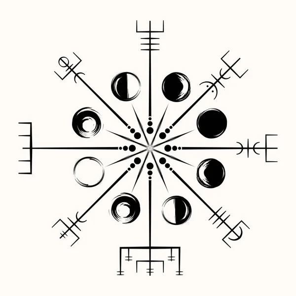神圣的几何学 加拉德斯塔尔在冰岛中世纪早期出现的神奇的符文符号 是几个 或多个交织在一起的符那样 织女素德月相 魔术导航维京人指南针 Runic Talisman — 图库矢量图片