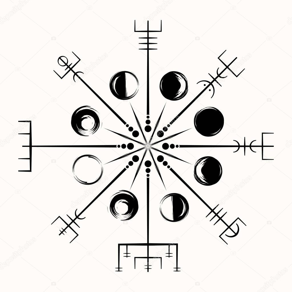 Sacred geometry. Galdrastar. Magic runic symbols that appeared in the early Middle Ages in Iceland. Is a few; or multiple, intertwined runes. Vegvisir. Moon phases. Magic Navigation Vikings Compass. Runic Talisman.