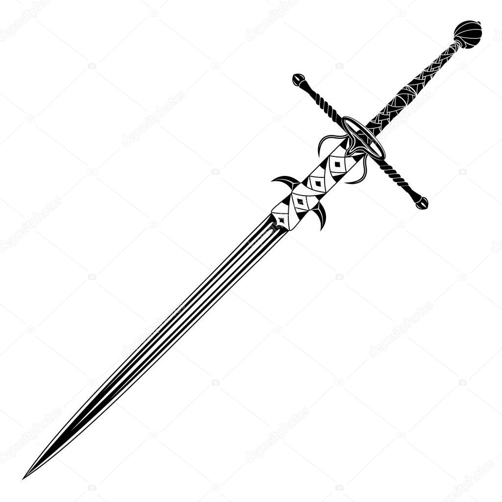 Vector image of a two-handled knightly sword. Long blade. Weapon of the medieval fantastic king. Drawing for design. Black tattoo. Vector illustration.