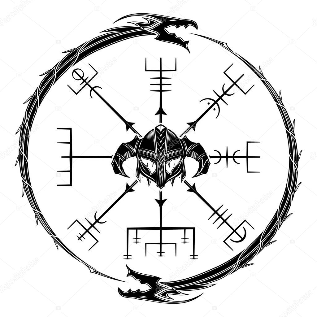 Sacred geometry. Galdrastar. Egishjalmur. Horror helmet. Magic runic symbols that appeared in the early Middle Ages in Iceland. Is a few, or multiple, intertwined runes. Runic Talisman. Vector illustration.