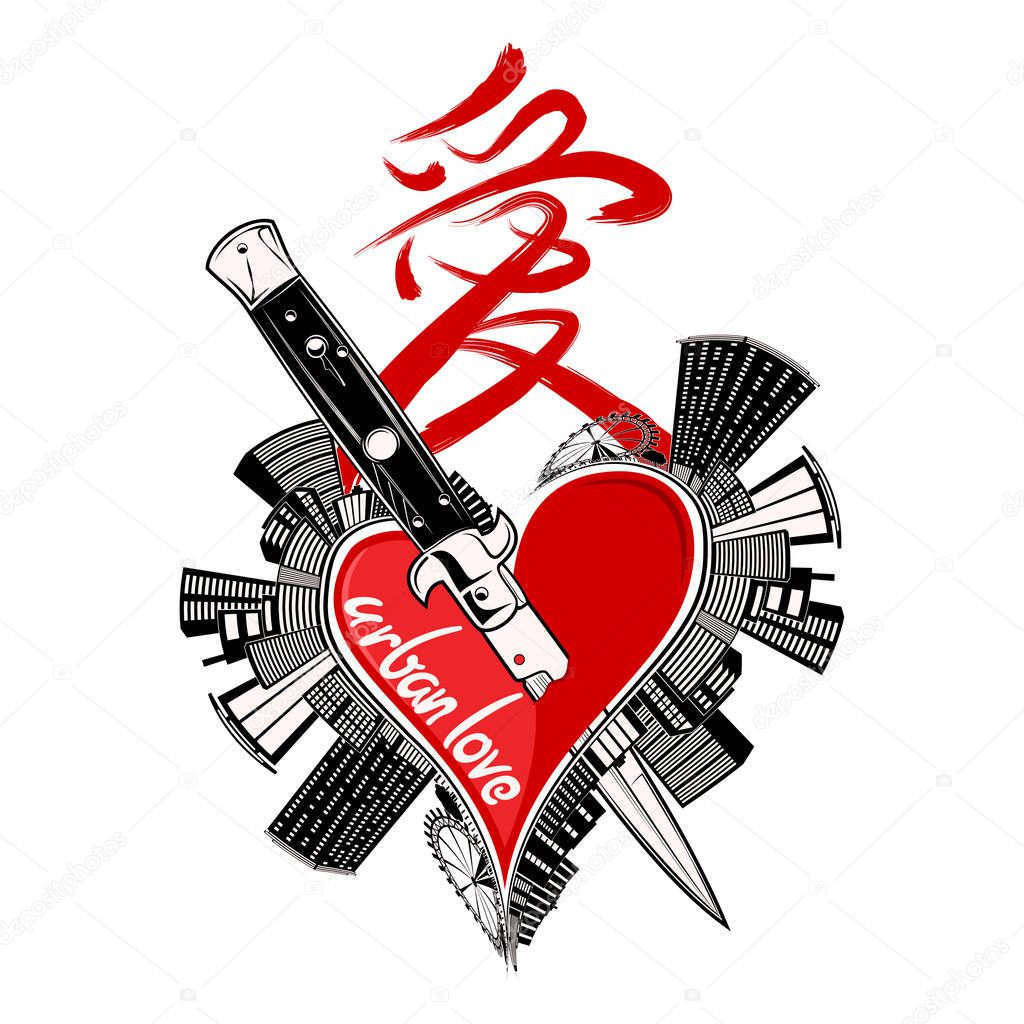 Vector illustration of the heart pierced with a flick knife and a hieroglyph. A hieroglyph - love. City landscape. Urban love. Illustrations for t shirt print. Vector color sketch.