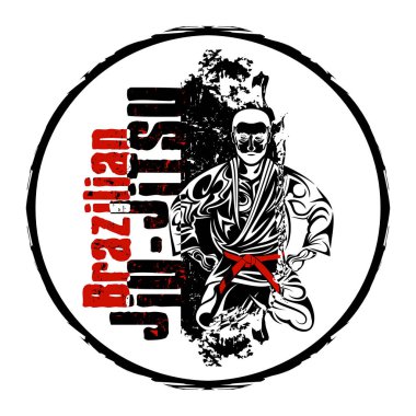 Brezilya jiu-jitsu Fighter vektör görüntü. Kırmızı kemer. Büyük usta. Gracie'nin tarzı. MMA. Sekizgen. T SHIRT baskı için resimler. Grunge yazdırma. Dövüş şampiyonu. Vektör rengi çizim. 