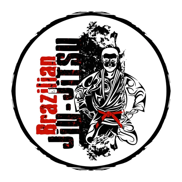 Brezilya jiu-jitsu Fighter vektör görüntü. Kırmızı kemer. Büyük usta. Gracie'nin tarzı. MMA. Sekizgen. T SHIRT baskı için resimler. Grunge yazdırma. Dövüş şampiyonu. Vektör rengi çizim. 
