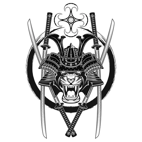 Bir kaplan samuray vektör görüntüsü. Katana. Kask ve Japon askeri kılıcı. Efsanevi savaşçı. Klan sembolü. T SHIRT baskı için resimler. Siyah dövme. Vektör çizim.