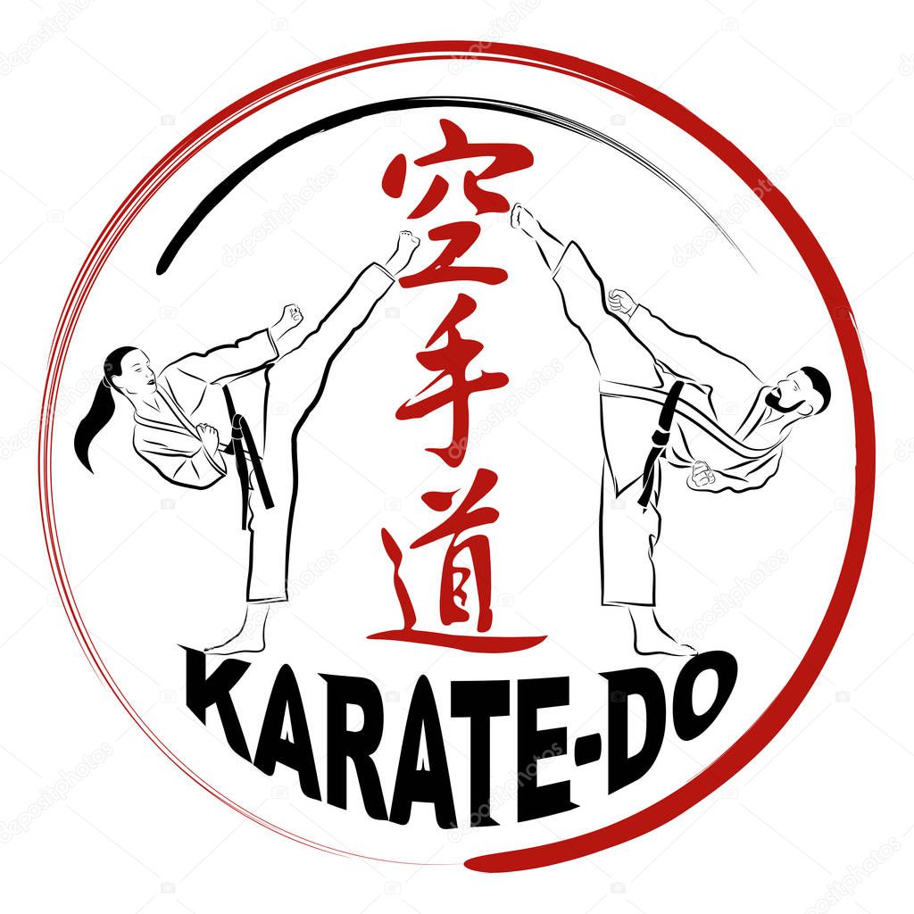 Vector image of karatekas - men and women. Hieroglyphs - Karate: way of an empty hand. High kick. Japanese traditional martial art. Illustrations for t shirt print. Vector illustration.