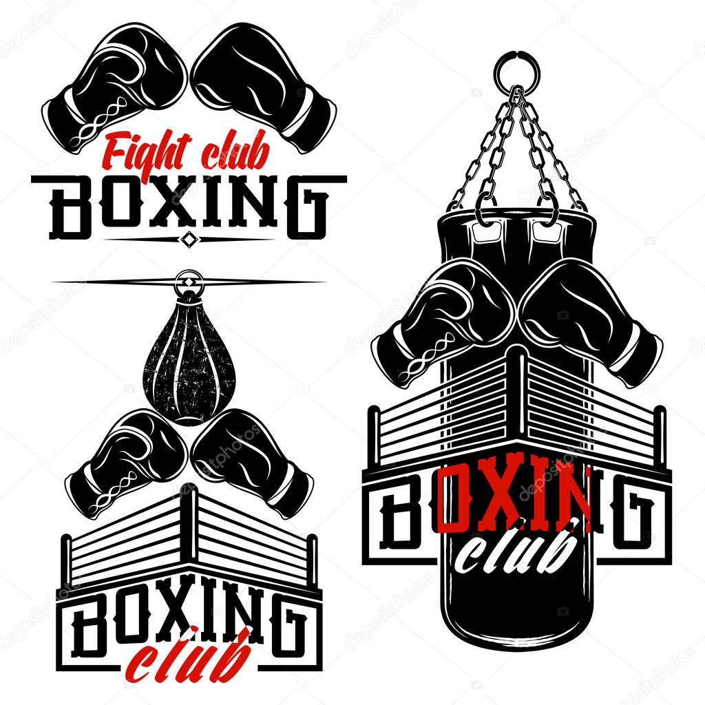 Set from the vector images devoted to boxing. Boxing gloves, ring, punching bag. Inscriptions - Boxing, Fight club. Illustrations for t shirt print. Cool grunge print. Vector illustration.