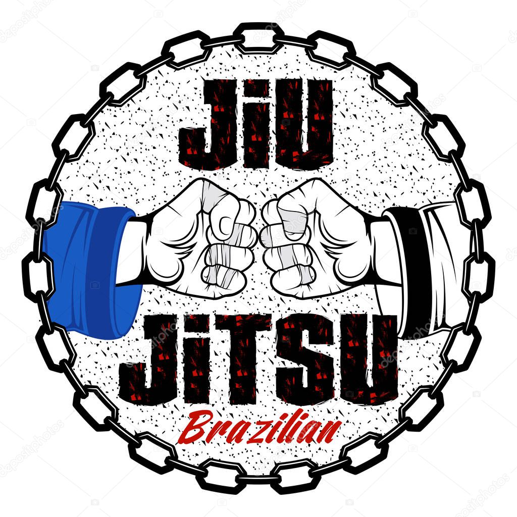 Vector image of hands of the fighter of the Brazilian jiu-jitsu. Greeting. Fight. Traditional Brazilian martial art. Champion of combat. Illustrations for t shirt print. Cool grunge print. Vector color illustration.