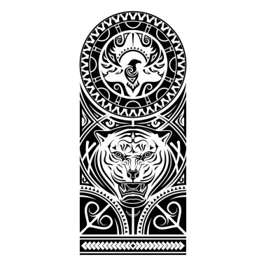Vector image of the stylized bird and tiger. Polynesian tattoo. Patterns of Maori. Art of natives of New Zealand. Black tribal tattoo. Vector illustration. clipart