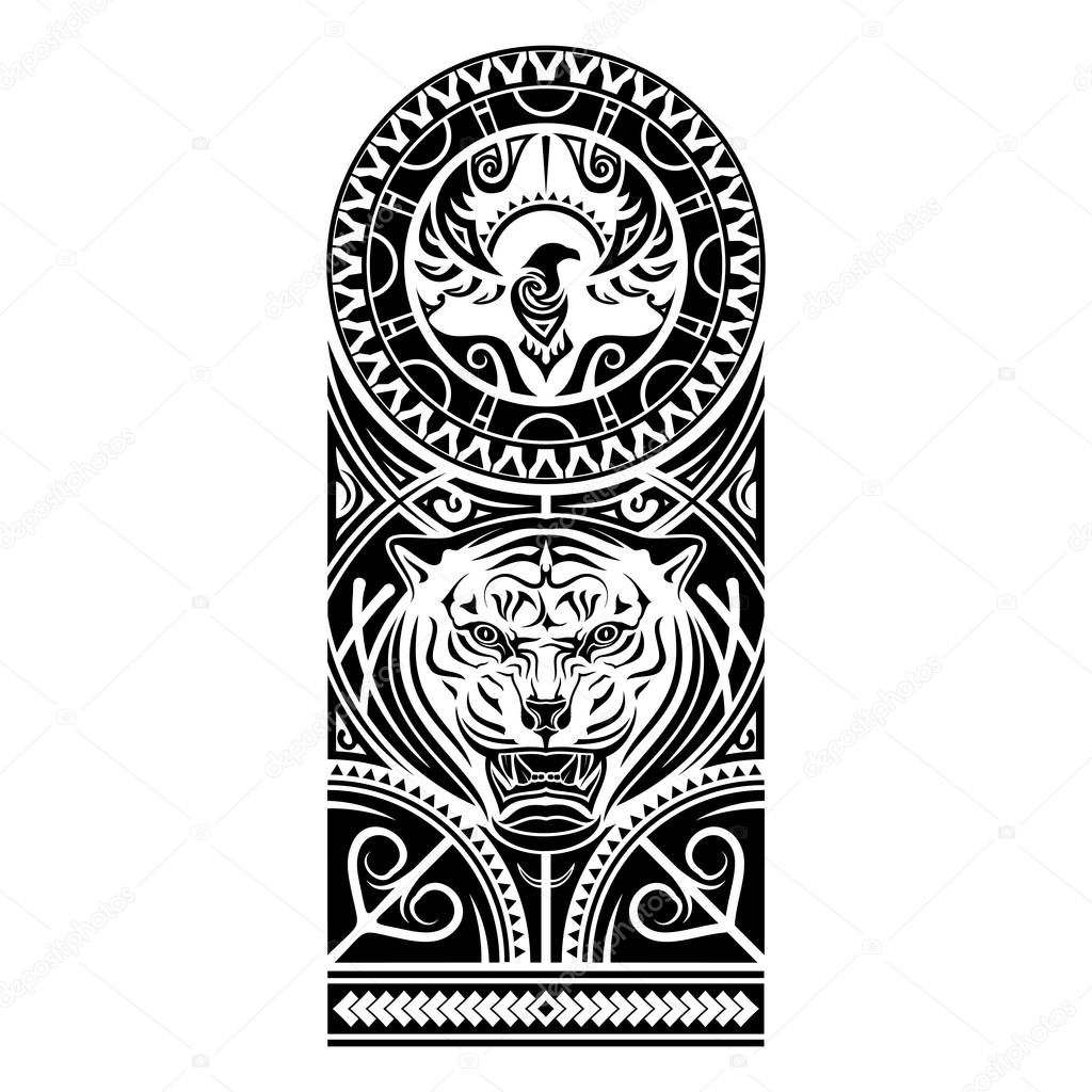 Vector image of the stylized bird and tiger. Polynesian tattoo. Patterns of Maori. Art of natives of New Zealand. Black tribal tattoo. Vector illustration.