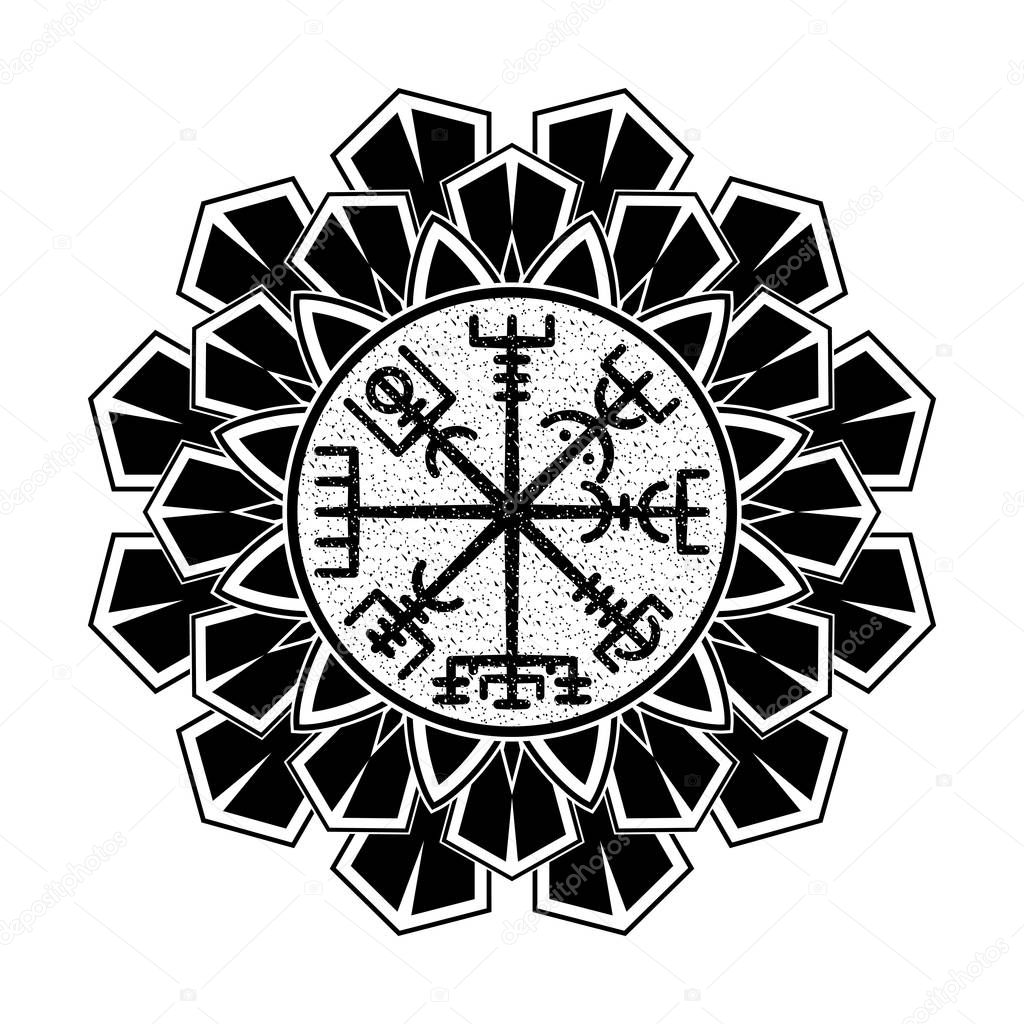 Sacred geometry. Black Scandinavian tattoo. Magic runic symbols. Magic Navigation Vikings Compass. Runic Talisman. Is a few, or multiple, intertwined runes. Vegvisir. Galdrastar. Vector illustration.