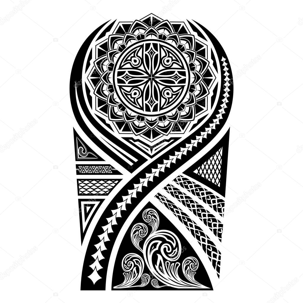 Vector image of the sketch of a Polynesian tattoo. The stylized sun and a flower ornament. Patterns of Maori. Art of natives of New Zealand. Black tribal tattoo. Vector illustration.