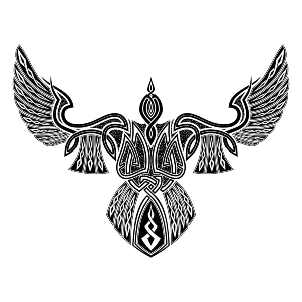開かれた翼を持つカラスのベクトルイラスト カラス 知恵のシンボル 伝統的な古代ケルトの神聖なパターン バイキングのサインインディアントーテム黒い部族の動物の入れ墨 トリスクリオントリスクレヴァルクヌート — ストックベクタ