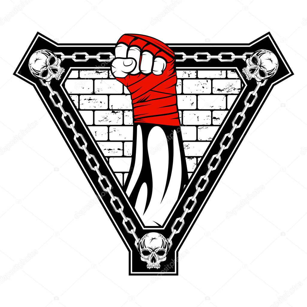Vector image of a hand of a street fighter. Urban warrior. New Gladiator. Combat champion. Boxer of the old school. Illustrations for t shirt print. Set of hand drawn sport logos, badges, labels. Sports poster.