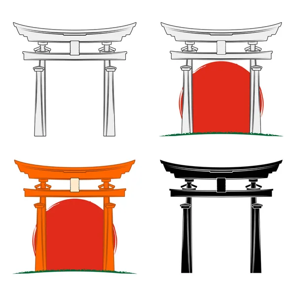 Serie Disegni Vettoriali Della Porta Sacra Sullo Sfondo Del Sole — Vettoriale Stock