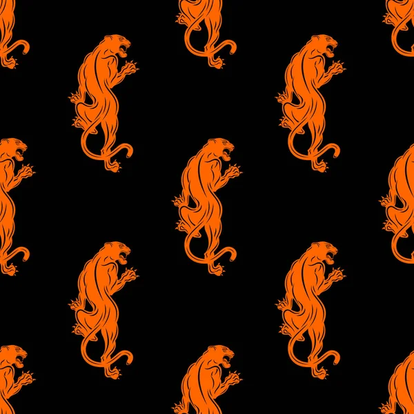 Seamless Vector Repeating Pattern Orange Panthers Black Background Ornament Predators — Stock Vector