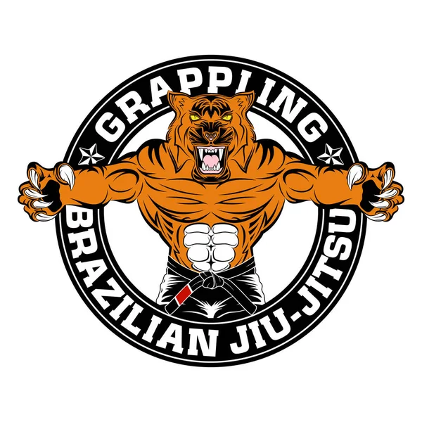 Mascotte Tigre Jiu Jitsu Brasiliano Grappling Bjj Illustrazioni Vettoriali Stampa — Vettoriale Stock