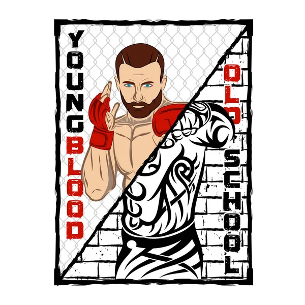 Vector drawing of the fighter of mixed martial arts. MMA. Champion of battle. Illustrations for t shirt print. Tribal style. Old school. Young blood. Vector sketch for your design.