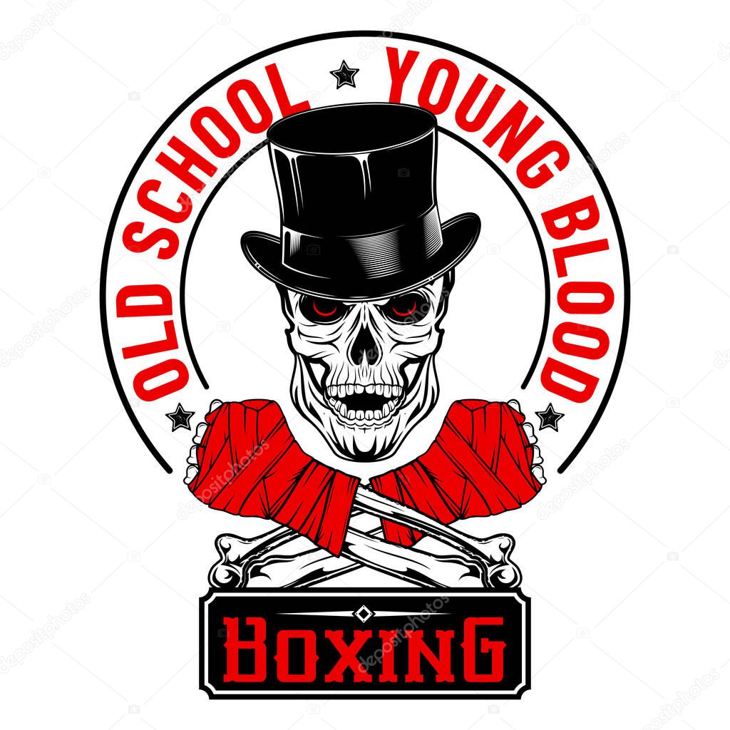 The laughing skull of a boxer in a top hat. Old school Boxing. Young blood. Illustrations for t shirt print. Hand drawn sport logos, badges, labels, poster. Tattoo.