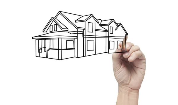 Hand is klaar voor tekening huis, hand met pen — Stockfoto