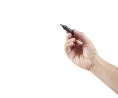 Beyaz arkaplanda kalemi olan el