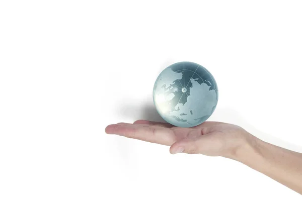 Globe, föld a kezében, gazdaság bolygónk izzó. Föld kép p — Stock Fotó