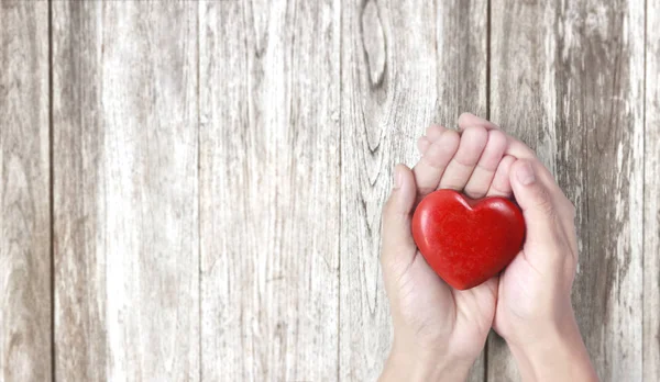 Mani che tengono il cuore rosso, la salute del cuore e il concetto di donazione — Foto Stock